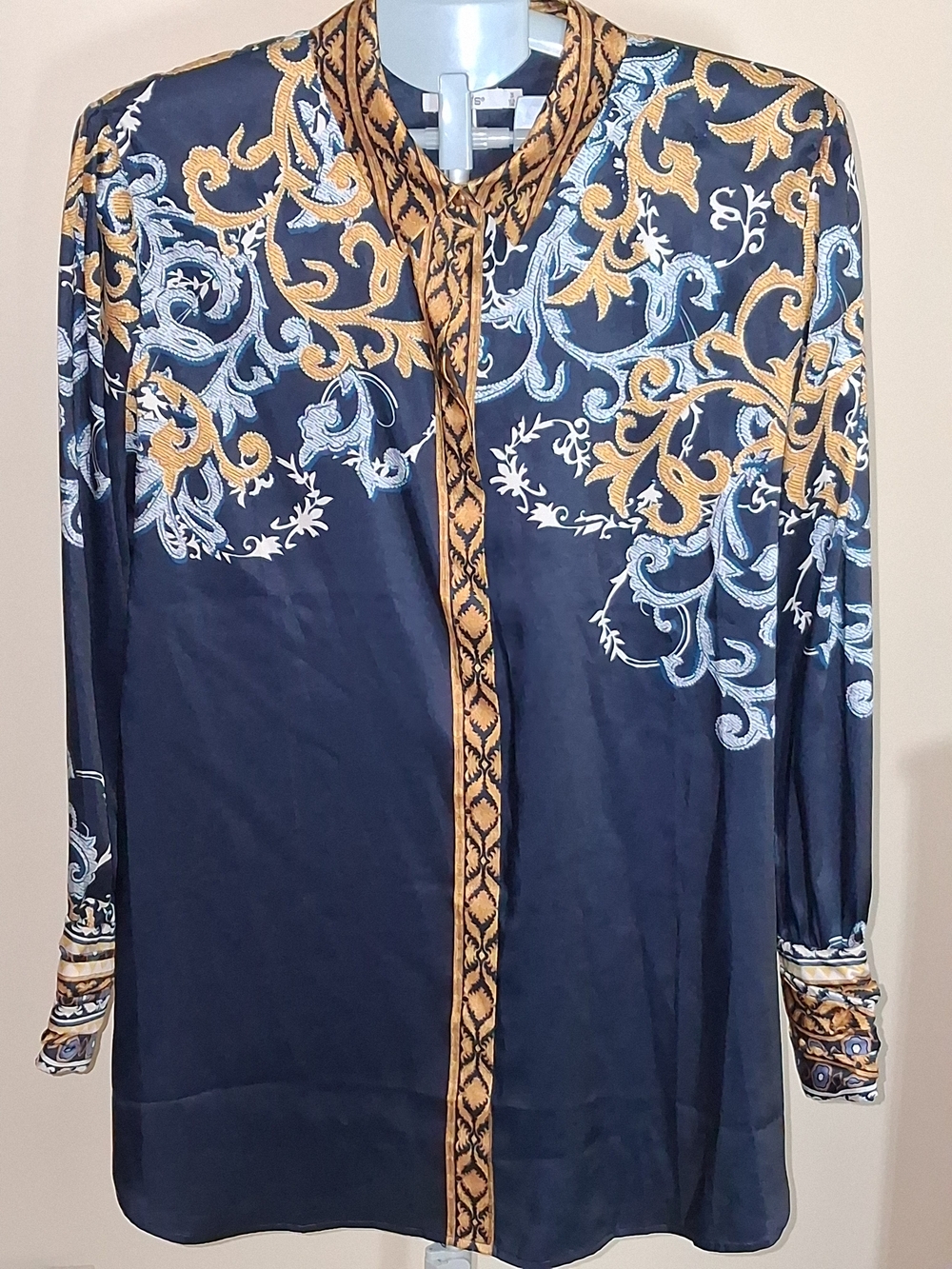 Chico's Navy Blue Blouse with Gold and Light Blue Scroll Print
